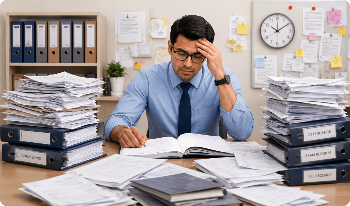 Traditional school management challenges with paper stacks